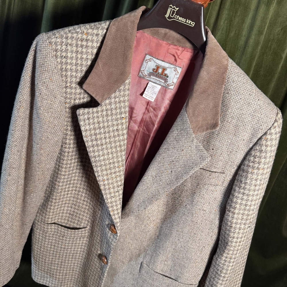 Vintage J.L. Colebrook Wool Blend Blazer Brown Houndstooth Tweed‎ S 38R